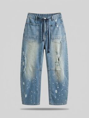 Blue Velvet Paint Splatter Barrel Jeans / S / waist 27”/ inseam 27”